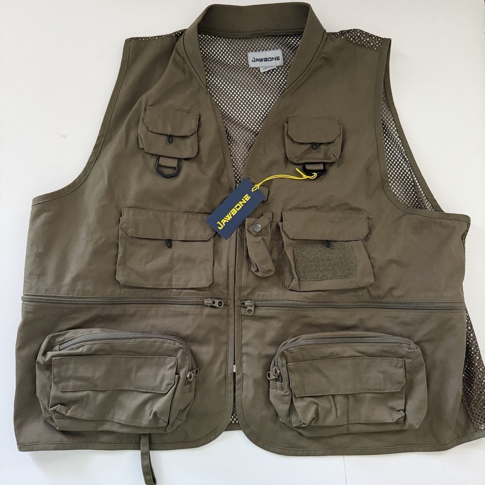 Jawbone Mens Mesh Back Fly Vest Tarmac Green Utility Fishing Vest 2XL FEH30005